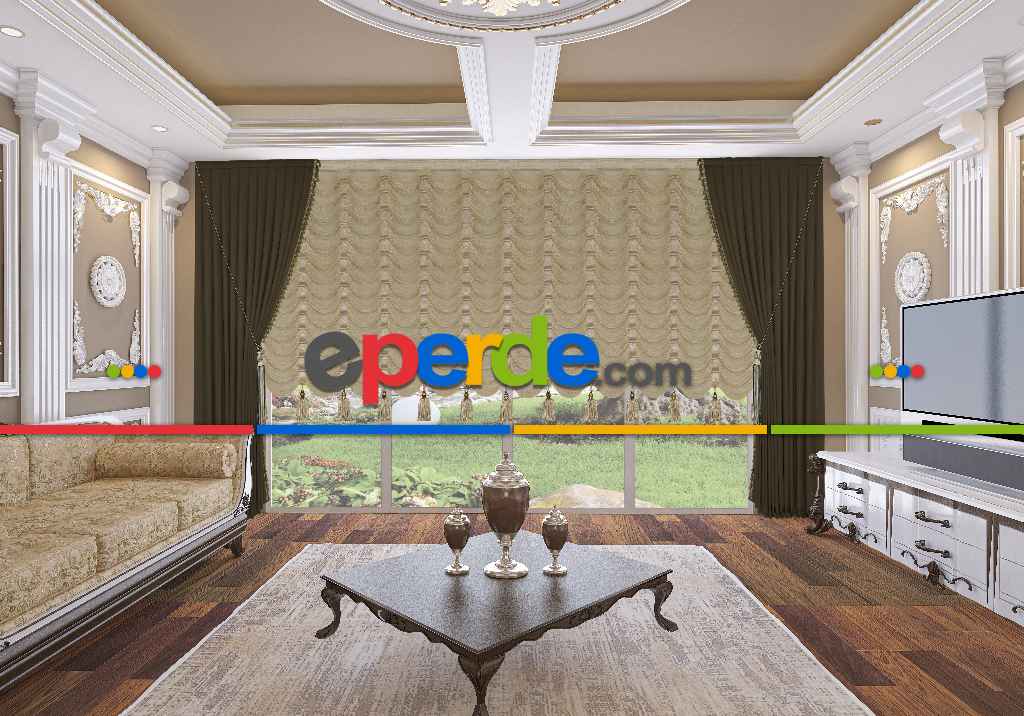 Drape Dar Bant Kadife Bantlı Tam Şelale İp Perde Bej Altın Simli- Bej-altın Simli