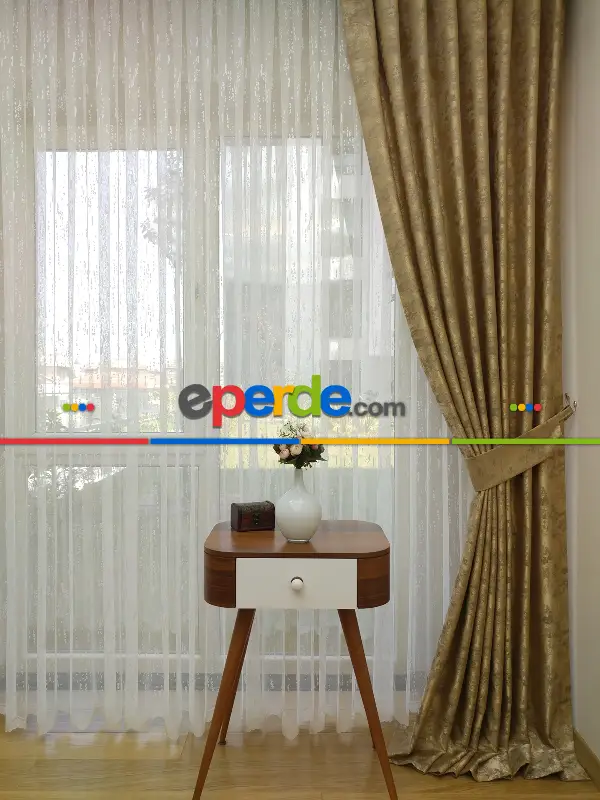 Patine Desenli Sütlü Kahve - Katyonik Jakar Fon Perde- Sütlü Kahve