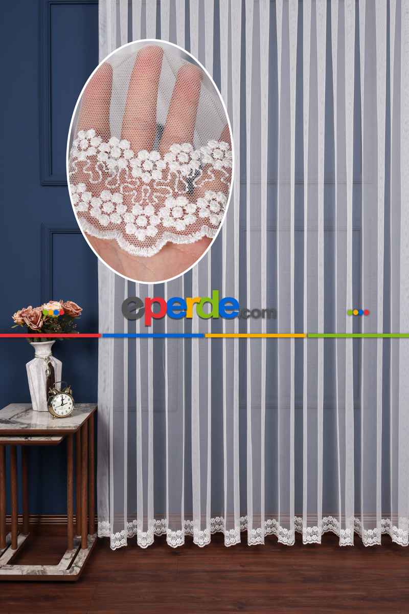 Grek Etek Ucu İşlemeli Nakış Tül Papatya Desen Ekru Renk Kırık Beyaz- Ekru - Kurşunlu Tül