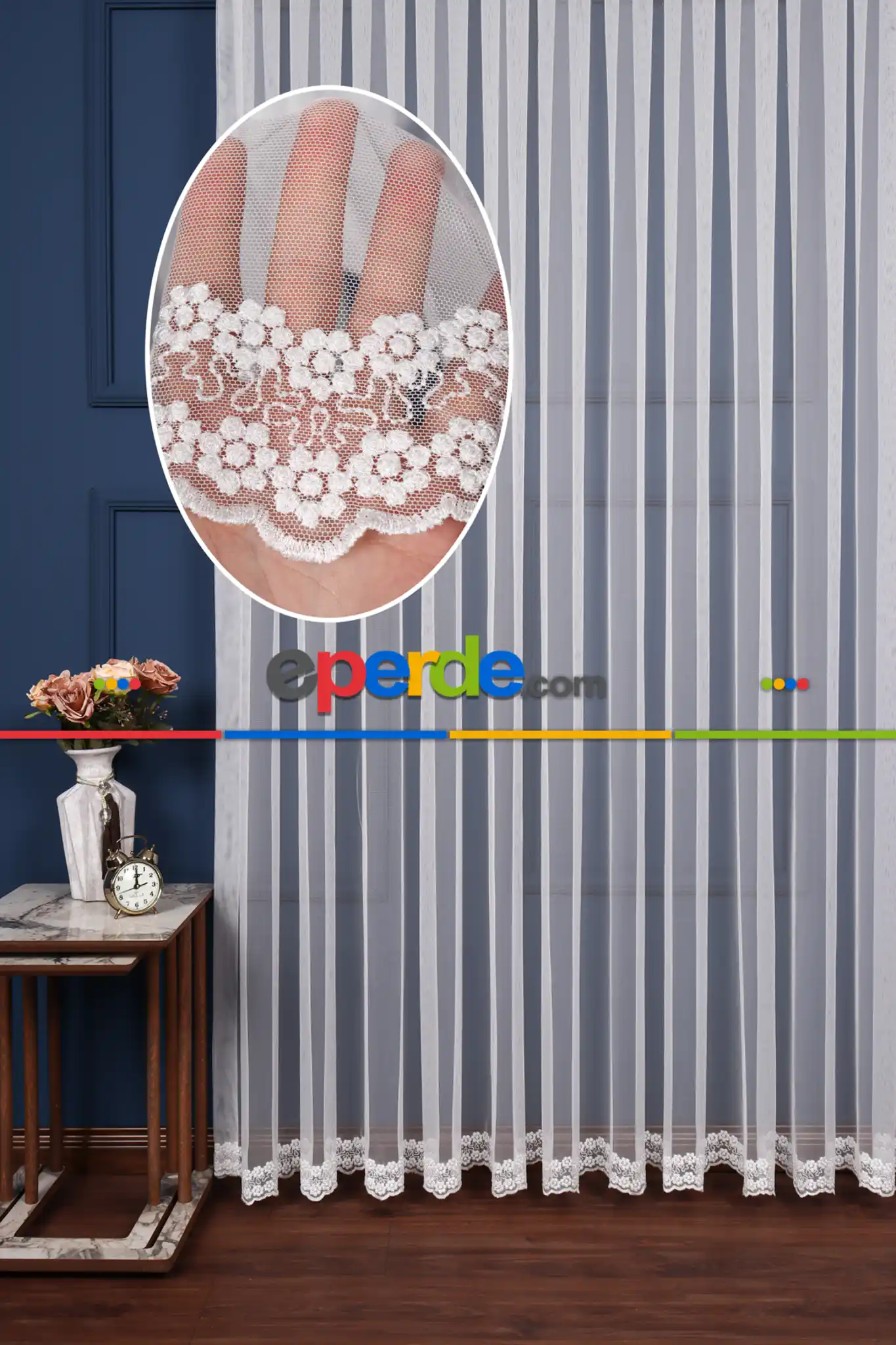 Mutfak Grek Etek Ucu İşlemeli Nakış Tül Papatya Desen Ekru Renk Kırık Beyaz- Ekru