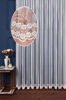 Mutfak Grek Etek Ucu İşlemeli Nakış Tül Papatya Desen Ekru Renk Kırık Beyaz- Ekru