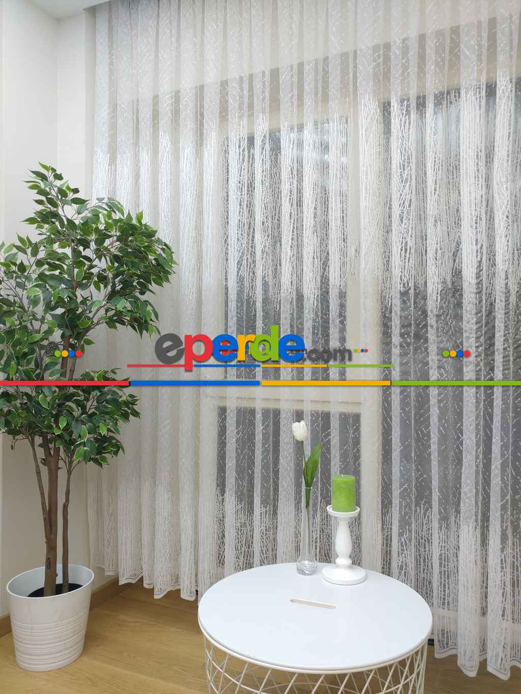 Fırsa Ürünü!! Hazır Ölçülü Fransız Dantel Bant Desenli Tül Perde