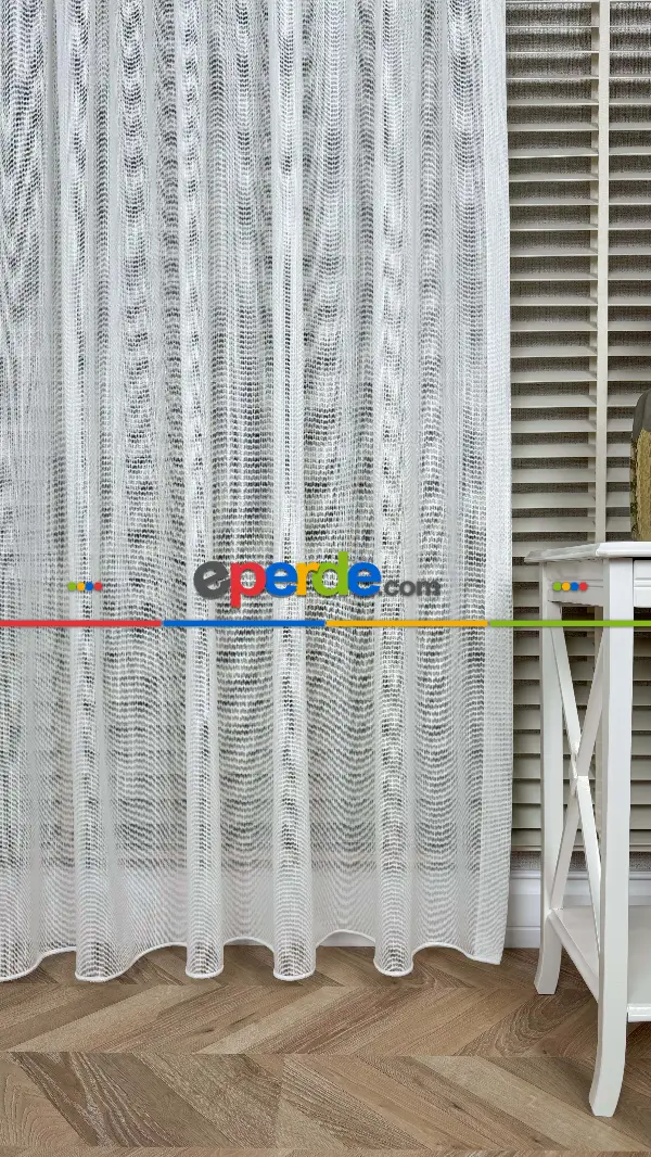 Brillant Ekru Hafif Simli File Tül Perde, Büzgü Ekstraforlu