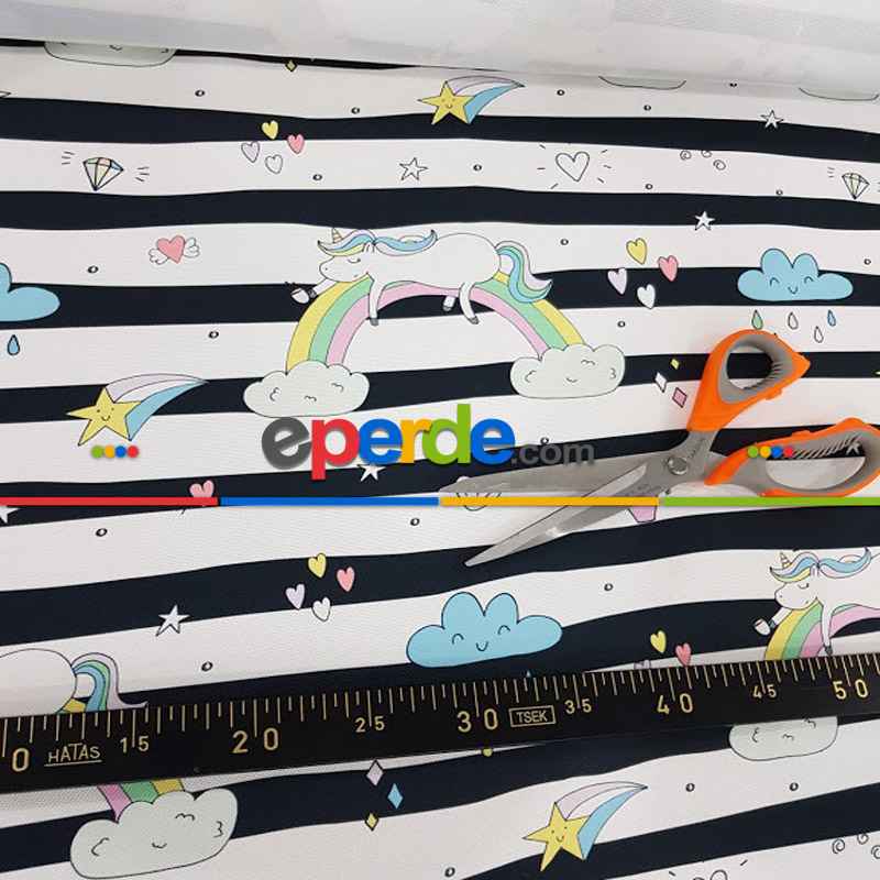 Siyah Beyaz Unicorn Desenli Fon Perde Evm579 Kumaşı Kalındır Duck Bezi Değildir- Siyah-Mavi-Beyaz-Pembe
