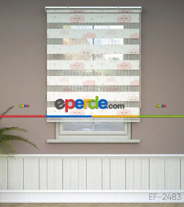 Bulut Desenli Baskılı Zebra Perde- Çok Renkli