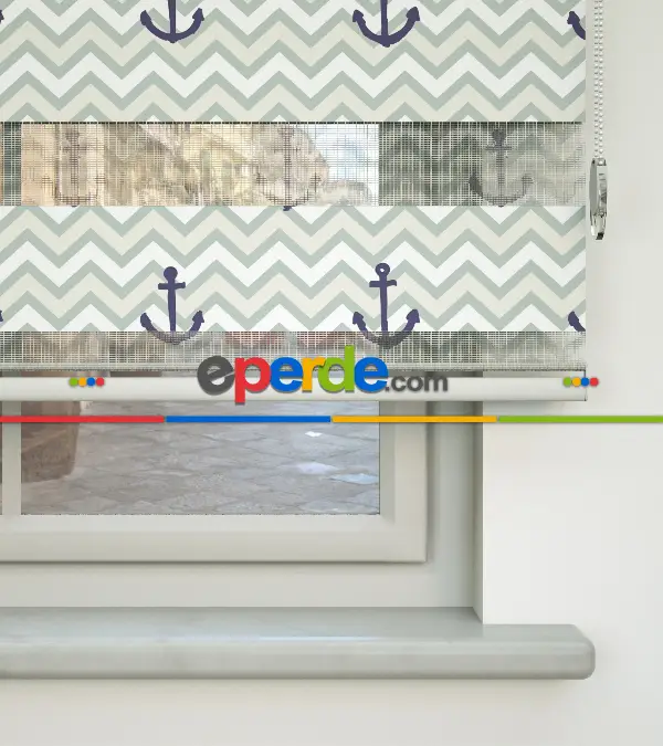 Bebek Odası Zebra Perde - Çapa Baskılı Zebra Perde- Beyaz-Mor-Su Yeşili