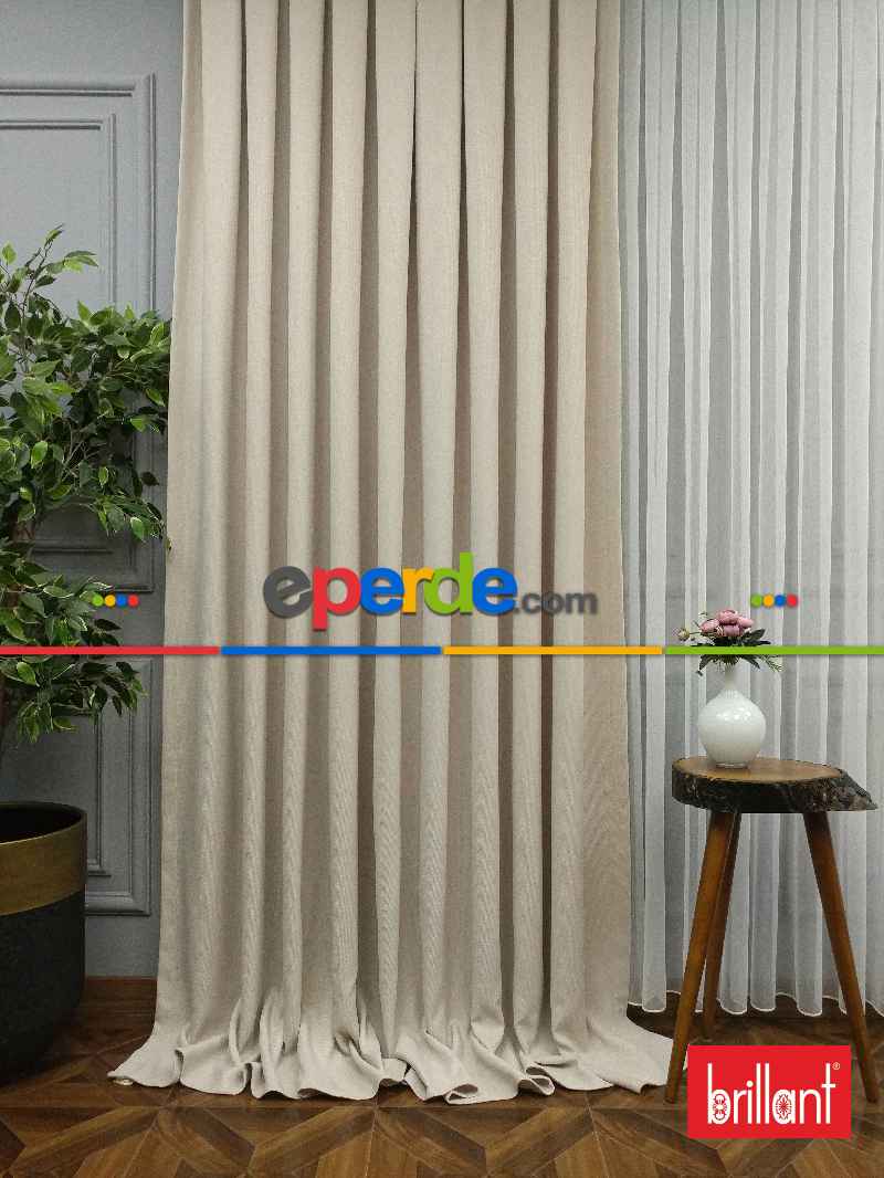 Brillant Keten Krem Açık Renk Düz Fon Perde - Krem Açık