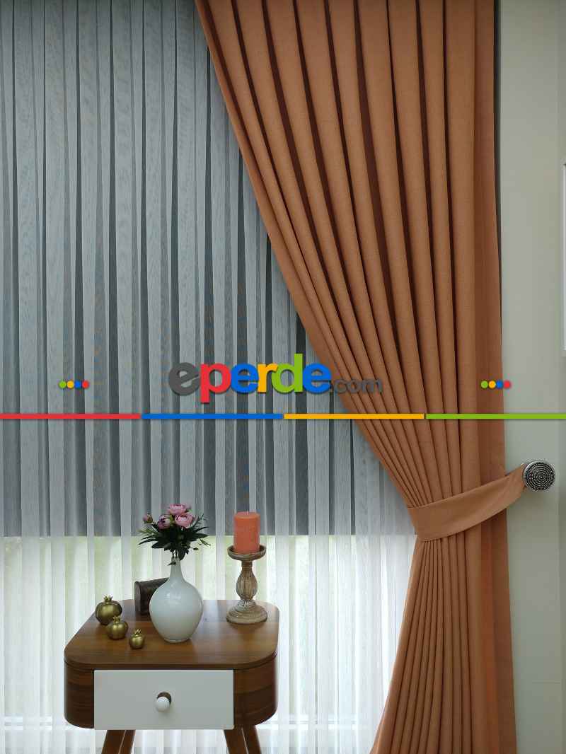 Yatak Odası - Keten Oranj Renk Düz Fon Perde- Turuncu