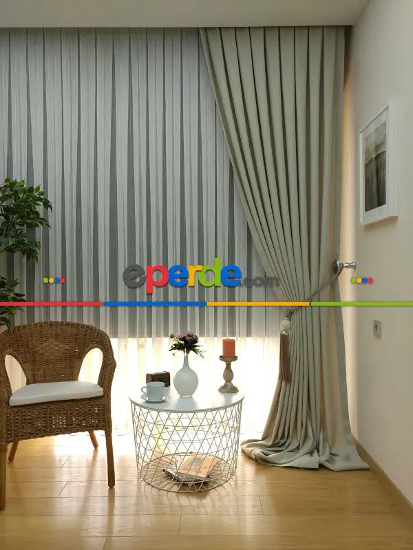 Yatak Odası - Keten Krem Renk Düz Fon Perde- Krem