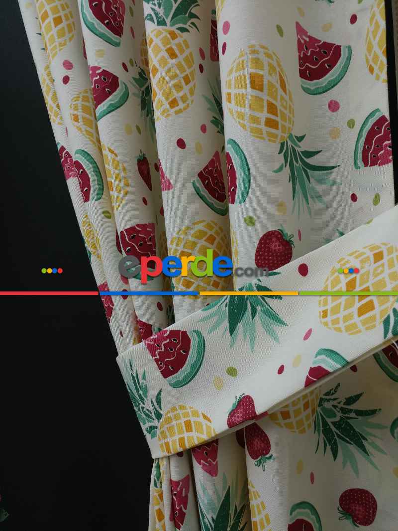 Karpuz-ananas-çilek Desenli Fon Perde (leke Tutmaz )- Kırmızı-açık Yeşil-hardal Sarısı