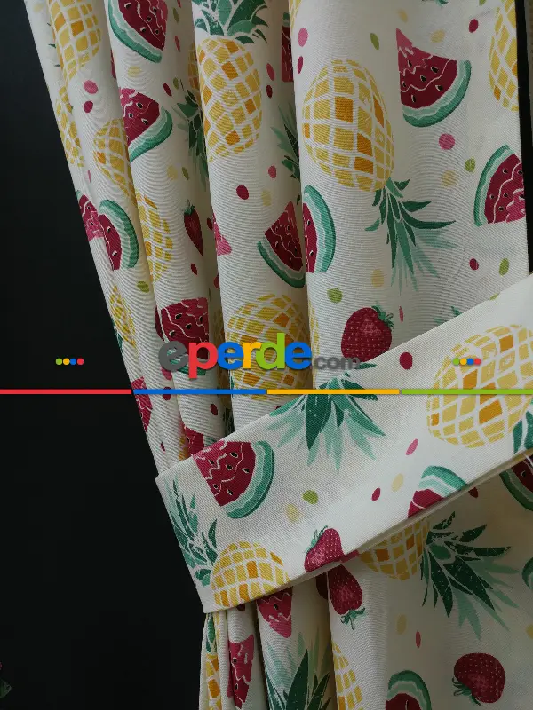 Karpuz-ananas-çilek Desenli Fon Perde (leke Tutmaz )- Kırmızı-Açık Yeşil-Hardal Sarısı
