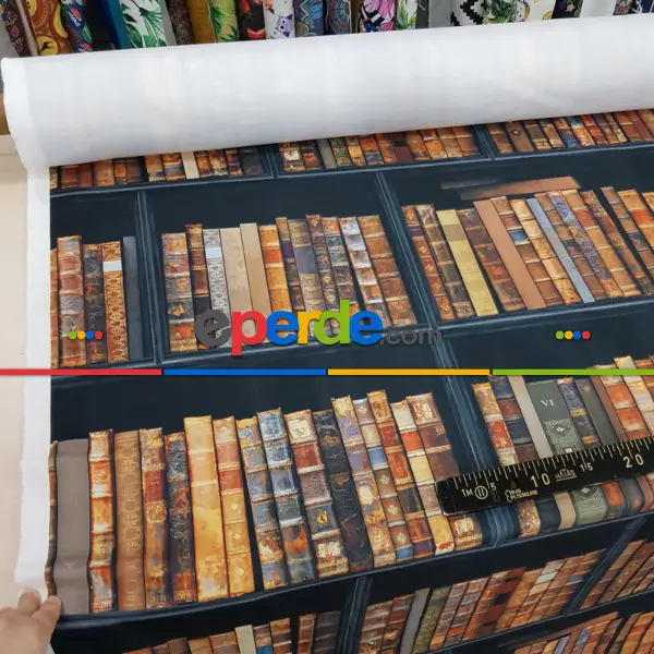 Genç Odası - Kitaplık Desenli Fon Perde Evm1077 Kumaşı Kalındır Duck Bezi Değildir- Kahverengi