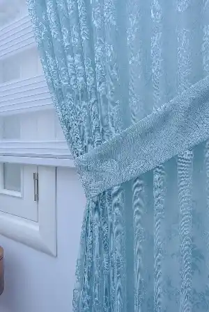 Dantel Damask Desen Tül Fon Perde - Turkuaz- Turkuaz