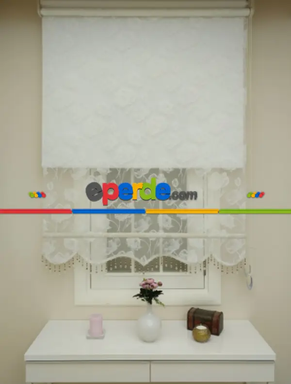 Mutfak - Örme Tül Stor Perde- Beyaz