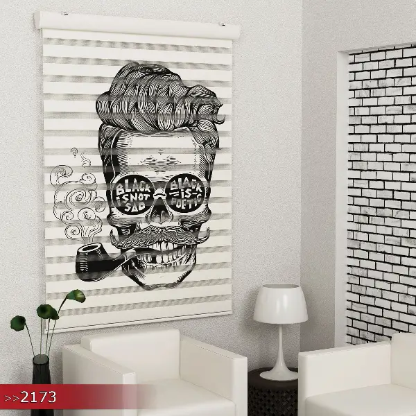 Genç Odası - Pipo İçen Adam Özel Poster Baskılı Zebra Perde- Siyah-Gri-Füme-Antrasit-Ekru