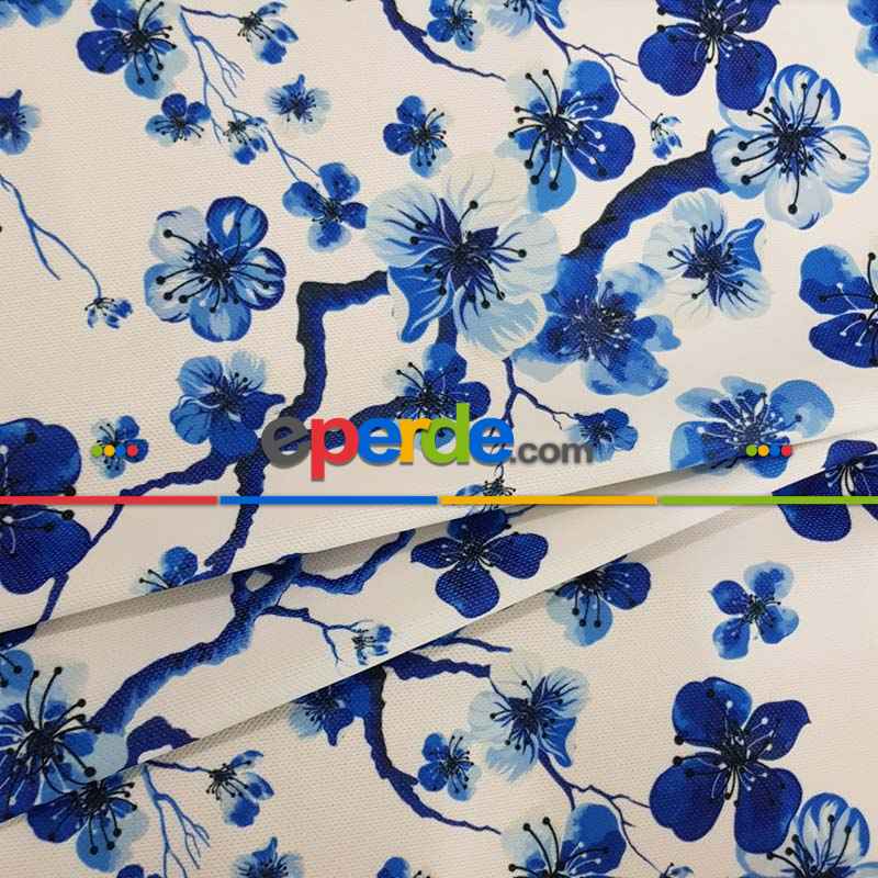 Çiçek Desenli Fon Perde Evm1515 Kumaşı Kalındır Duck Bezi Değildir- Mavi