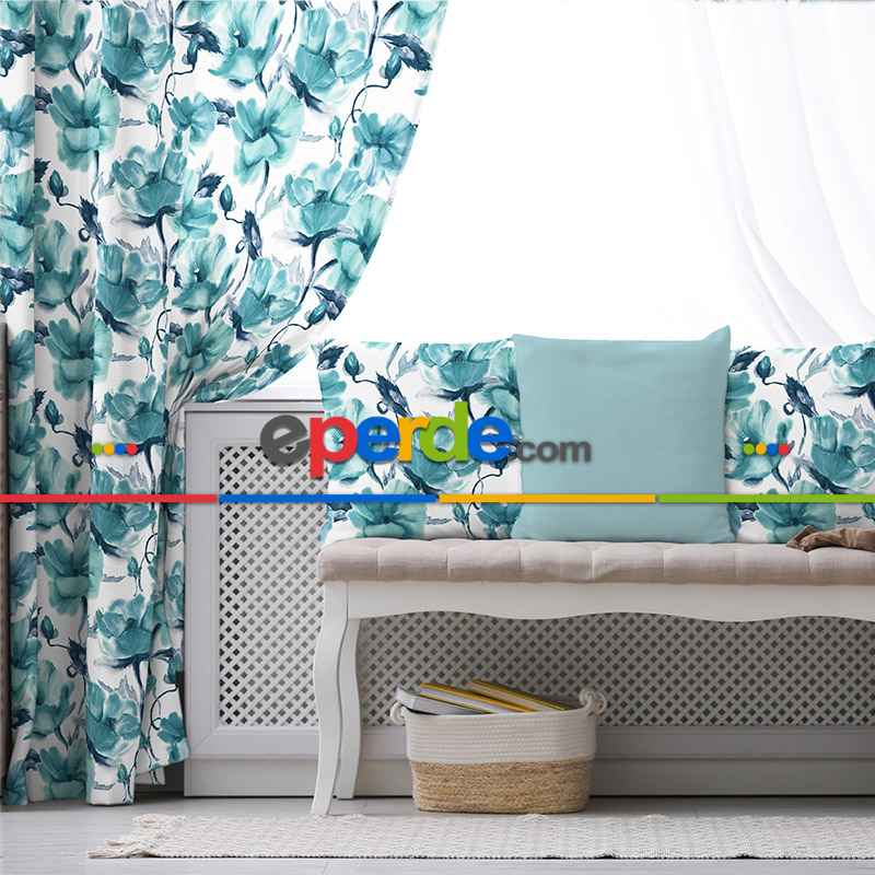 Oturma Odası Fon Perde Evim1557 Kumaşı Kalındır Duck Bezi Değildir- Mavi-beyaz