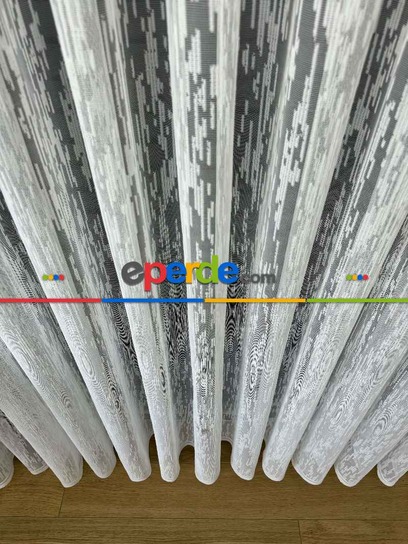Yatak Odası Ekru Çizgili Modern Desen Örme Tül Perde