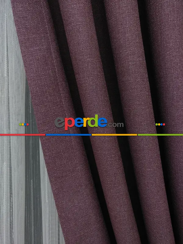 Yatak Odası - Keten Mürdüm Renk Düz Fon Perde - Mürdüm