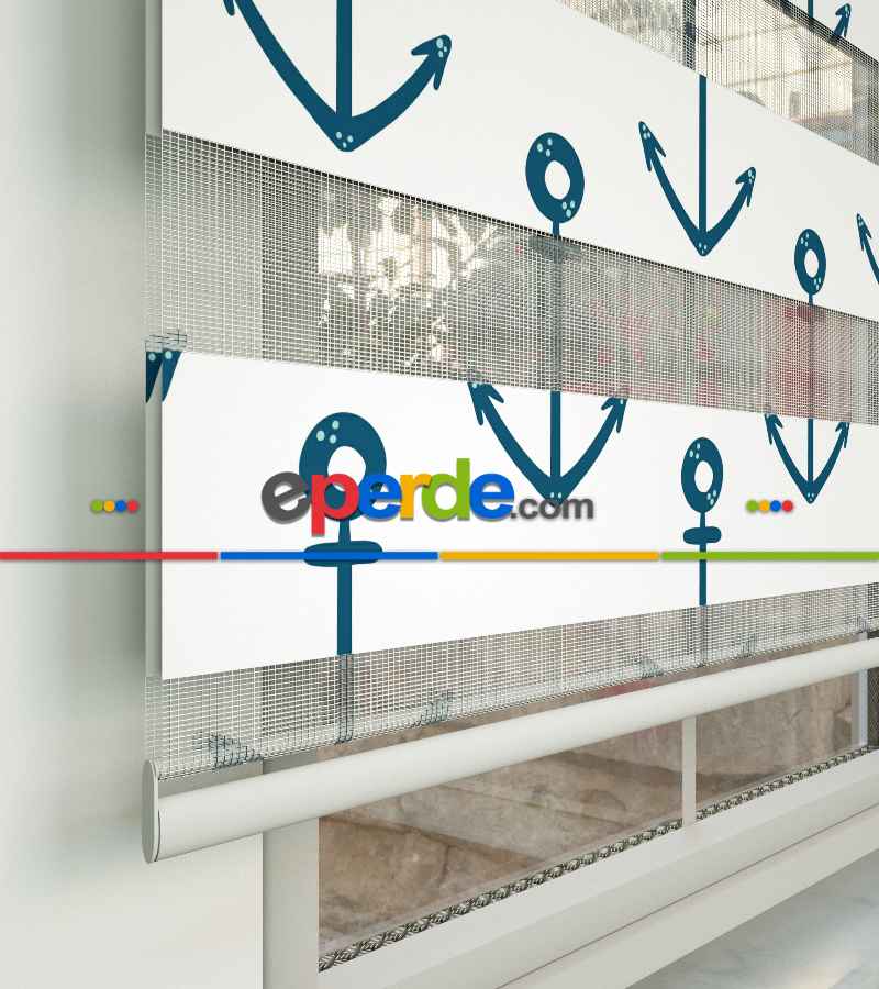 Çapa Desen Baskılı Zebra Perde- Yeşil-mavi