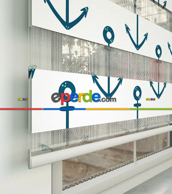 Bebek Odası Zebra Perde - Çapa Desen Baskılı Zebra Perde- Yeşil-Mavi