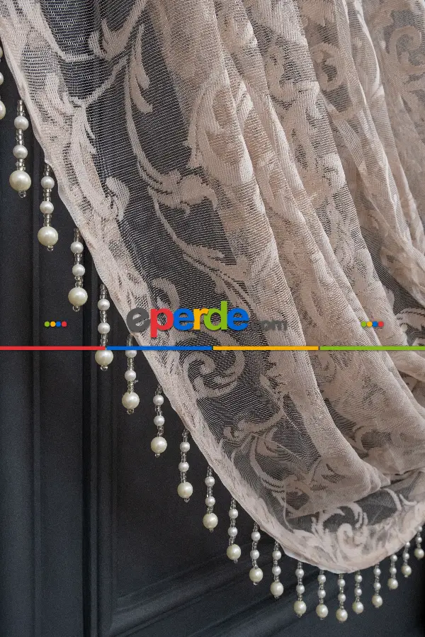 Salon Tül Modelleri - Vizon Bej Açık Kahverenk Renk Desen Şal Model Tül Kruvaze Yanki Tül