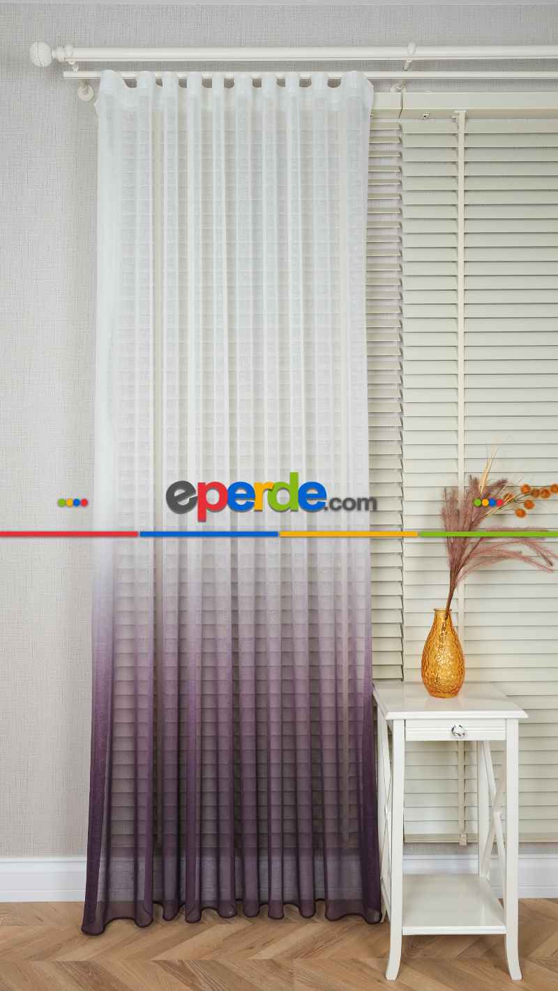 Keten Ekru Mor Degrade Geçişli Tül Perde, Ağır Gramajlı Premium Seri, Eteği Kurşunlu