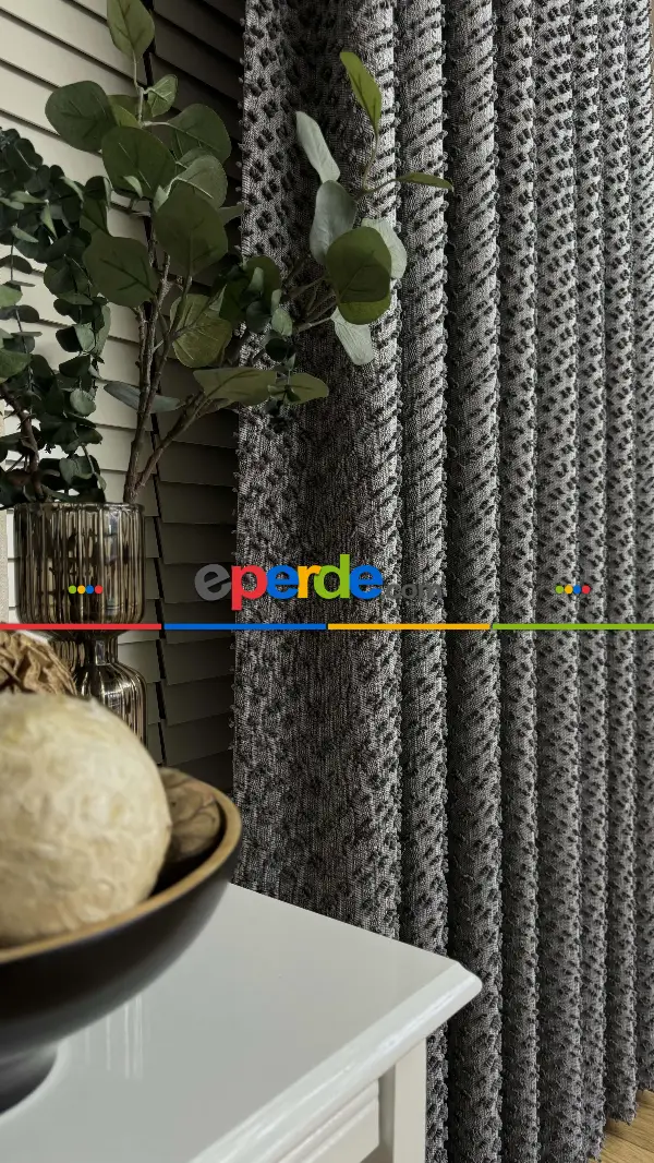 Salon - Ponponlu Gri Jakar Dokuma, Premium Kalite Serisi Fon Perde