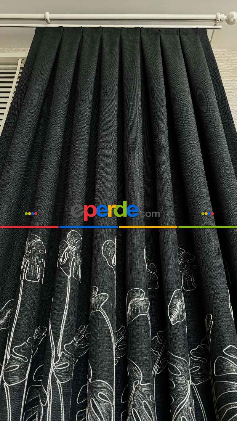 Antrasit Gri Palmiye Yaprak Desen Premium Keten Jakar Dokuma Nakışlı Pano Fon Perde - Gramajlı 2025