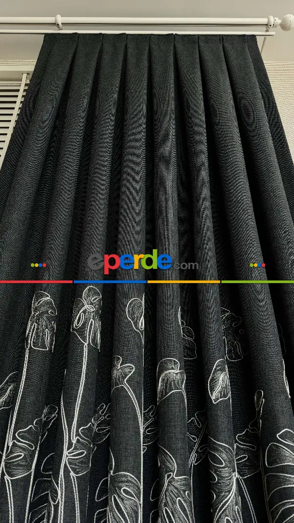 Antrasit Gri Palmiye Yaprak Desen Premium Keten Jakar Dokuma Nakışlı Pano Fon Perde - Gramajlı 2025