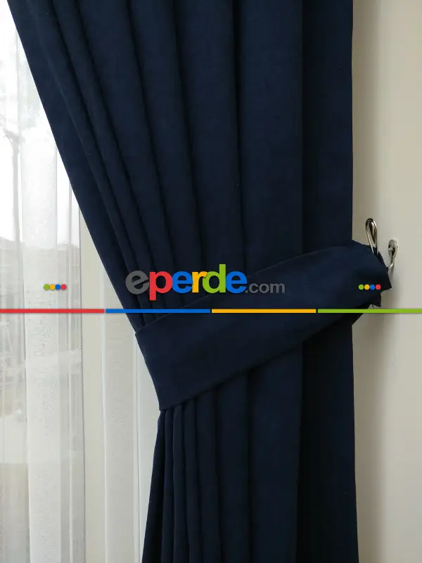 Koyu Lacivert Düz Fon Perde - Boru Pile- Lacivert