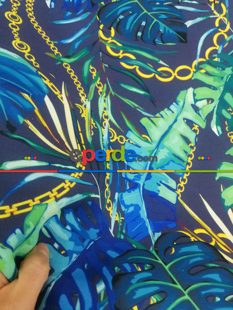 Tropikal Yaprak Desenli Fon Perde Evm1008 Kumaşı Kalındır Duck Bezi Değildir- Yeşil-Mavi