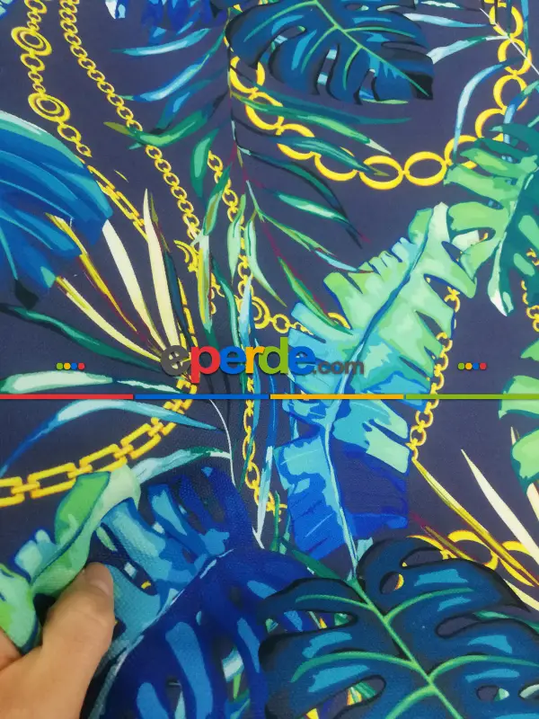 Yatak Odası - Tropikal Yaprak Desenli Fon Perde Evm1008 Kumaşı Kalındır Duck Bezi Değildir- Yeşil-Mavi