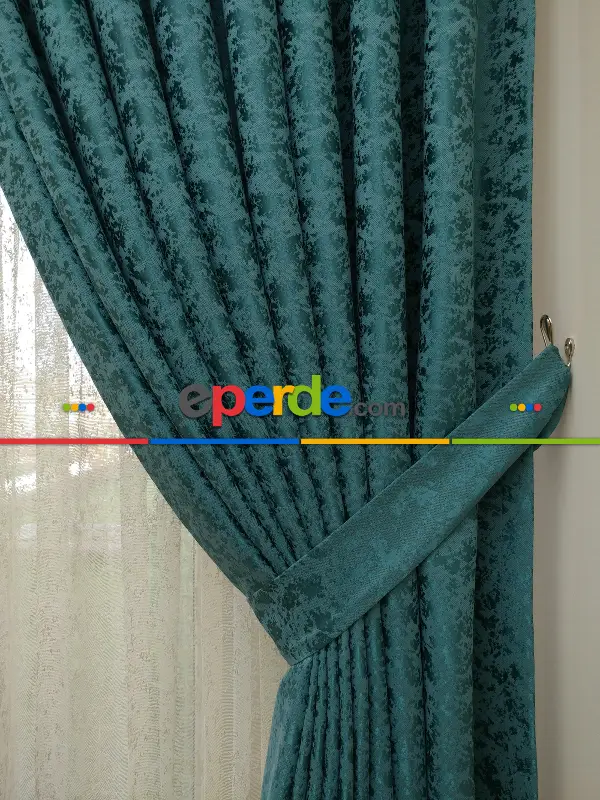 Yatak Odası - Petrol Rengi Jakar Fon Perde -