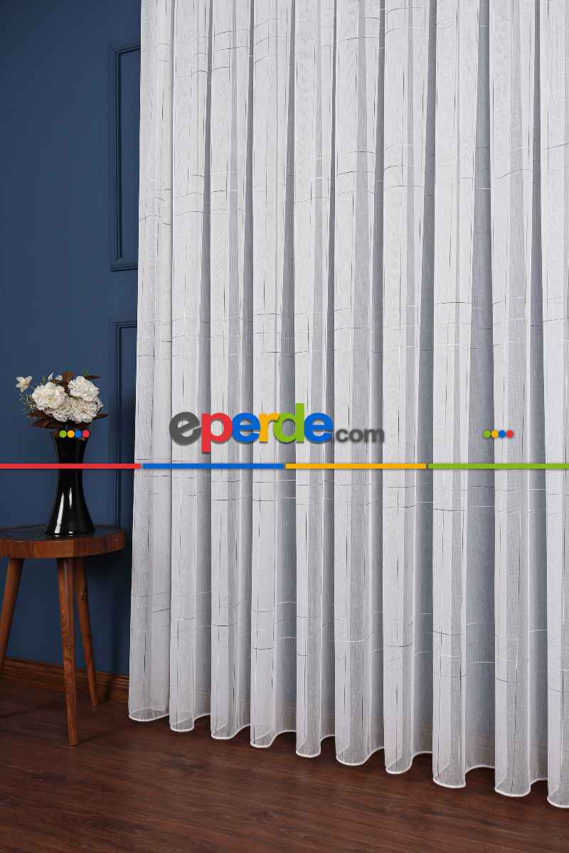 Salon Tül - Bambu Zemin Geometri Nakış İşlemeli Tül Perde