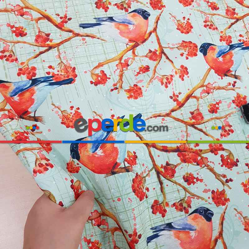 Kuş Ve Çiçek Desenli Fon Perde Evm828 Kumaşı Kalındır Duck Bezi Değildir- Beyaz