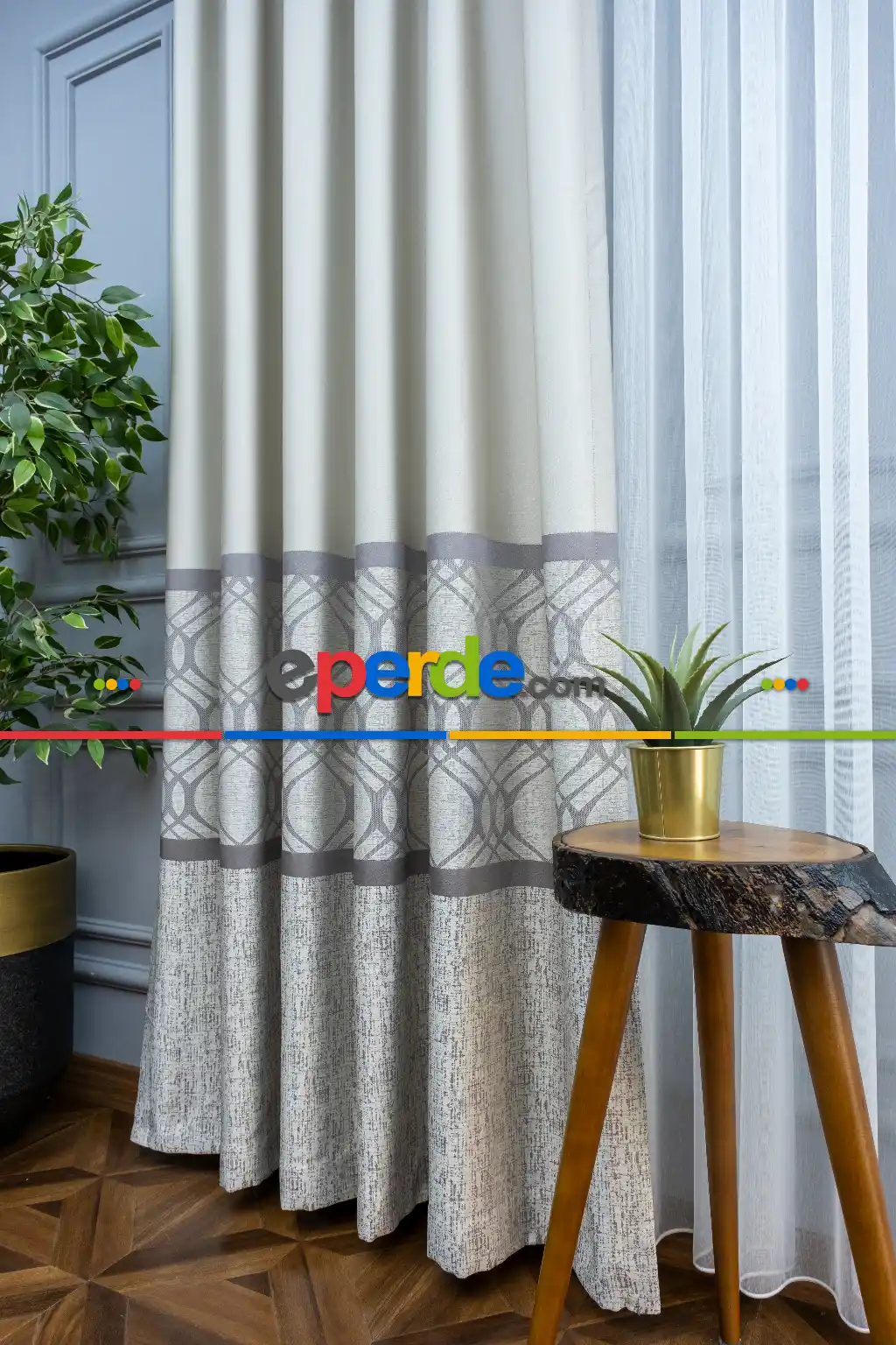 Modern Pano Fon Perde Bantlı Çift Renk - 503- Gri-füme-antrasit-bej-taş Rengi