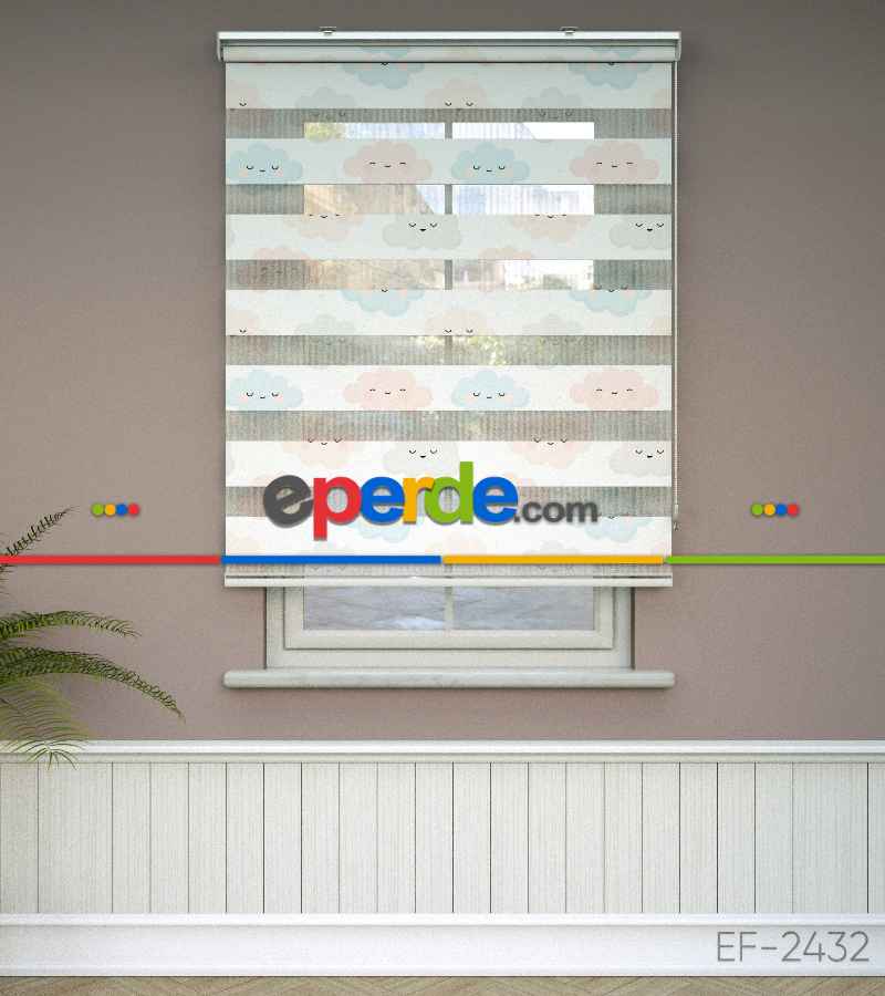 Çocuk Odası - Bulut Desenli Baskılı Zebra Perde- Çok Renkli