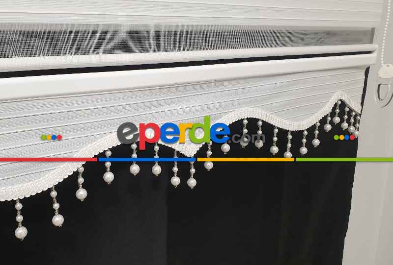 Brillant İnci Boncuklu Zebra Perde- Beyaz-krem