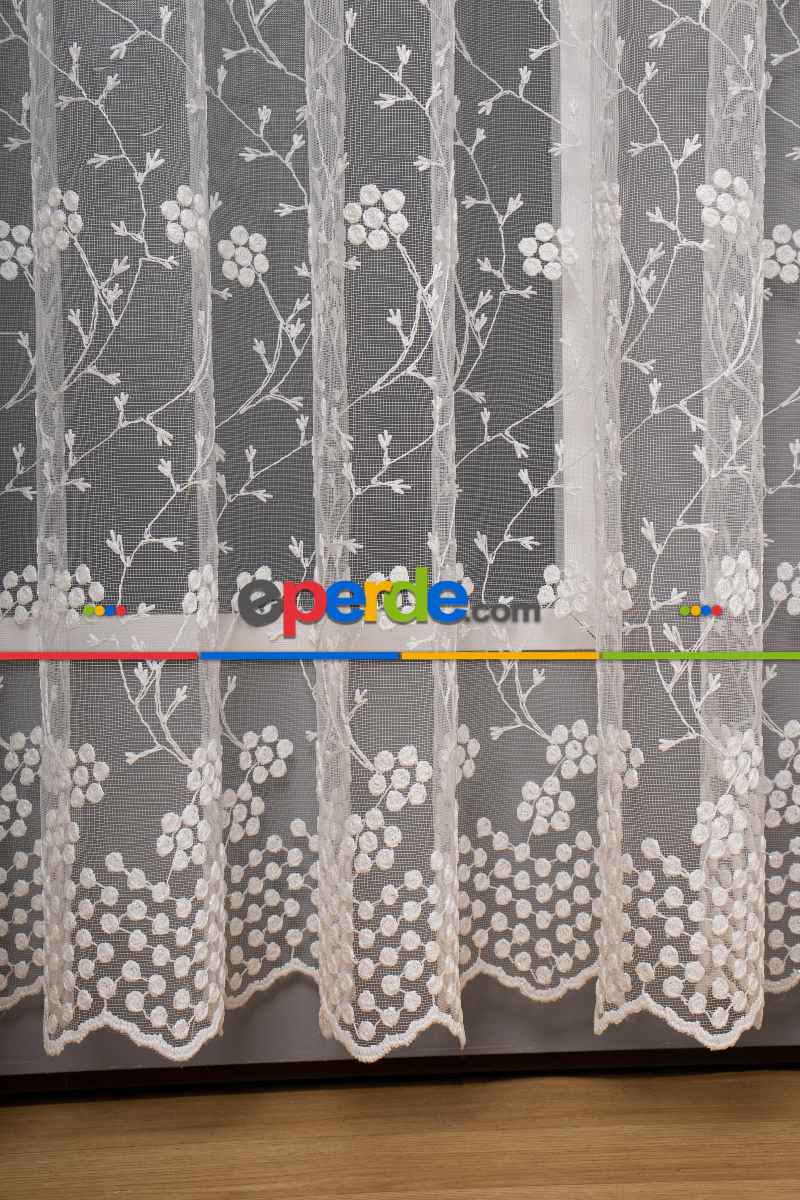 Papatya Brode İşlemeli Tül Perde - Ekru