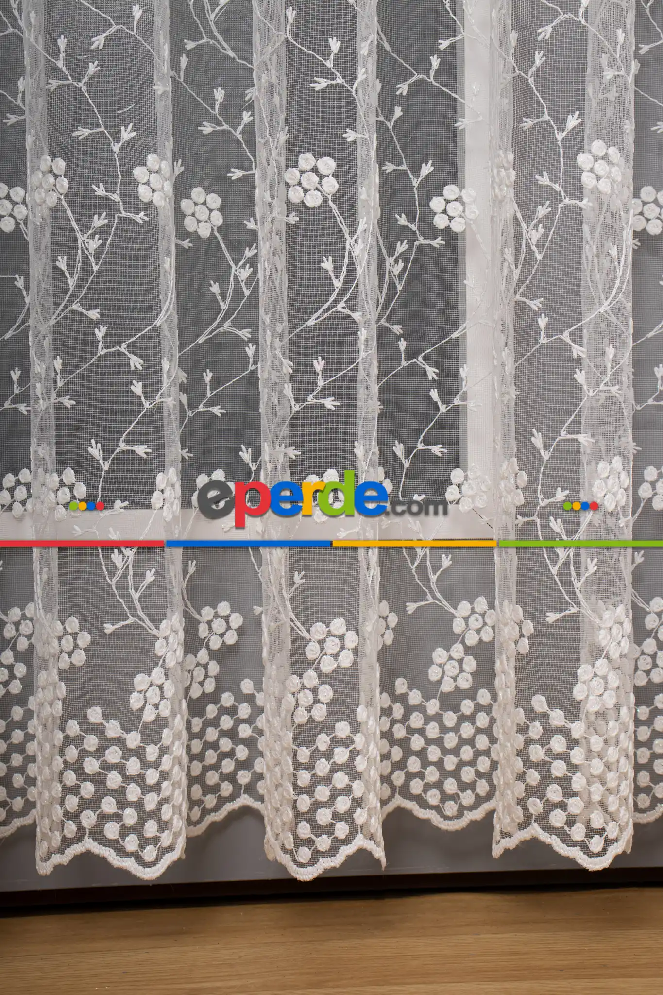 Papatya Brode İşlemeli Tül Perde - Ekru