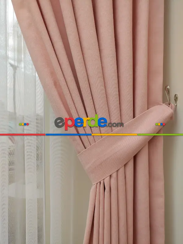Pudra Pembe Düz Fon Perde 180cm En- Pudra
