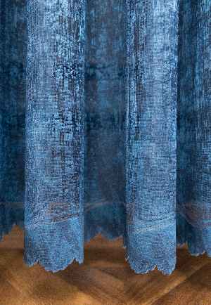 Modern Hardal Ve Mavi Desenli Degrade Geçişli Örme Tül Perde Yüksek Kalite