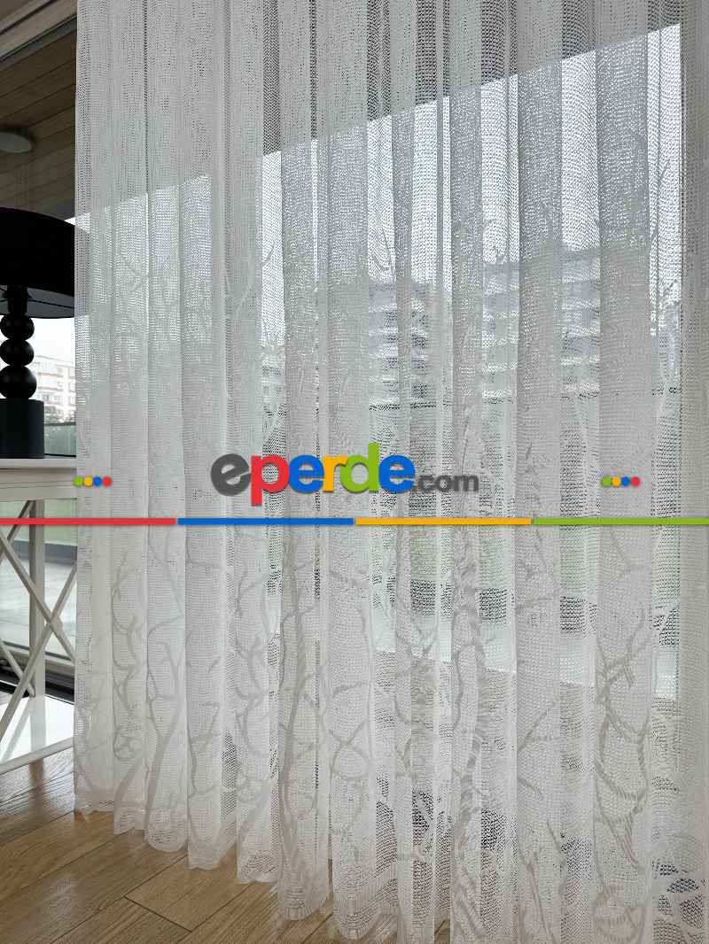 Oturma Odası - Sarmaşık Dal Desenli Fransız Dantel Örme Tül Perde, Desenli Ütü İstemeyen Tül