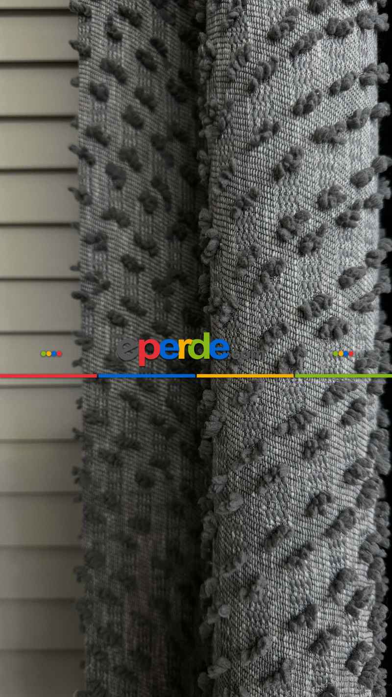 Yatak Odası - Ponponlu Gri Jakar Dokuma, Premium Kalite Serisi Fon Perde