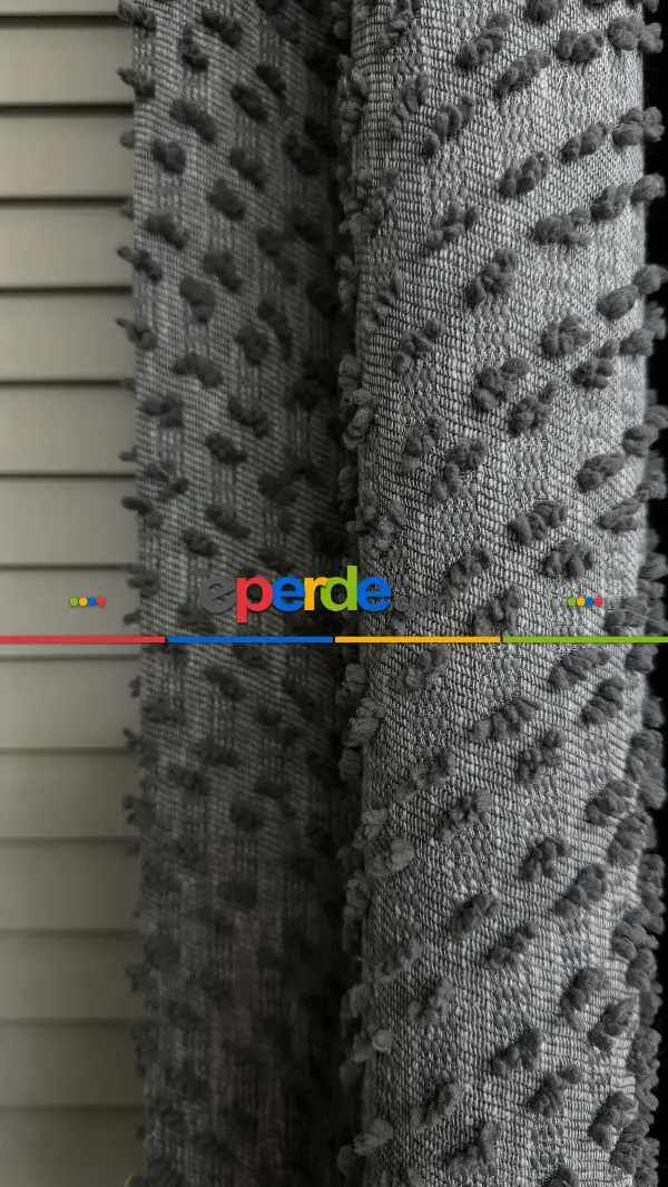 Salon - Ponponlu Gri Jakar Dokuma, Premium Kalite Serisi Fon Perde