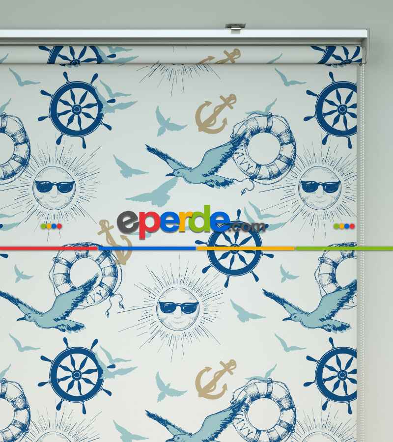 Çocuk Odası Stor Perde - Denizci Desenli Baskılı Stor Perde- Çok Renkli