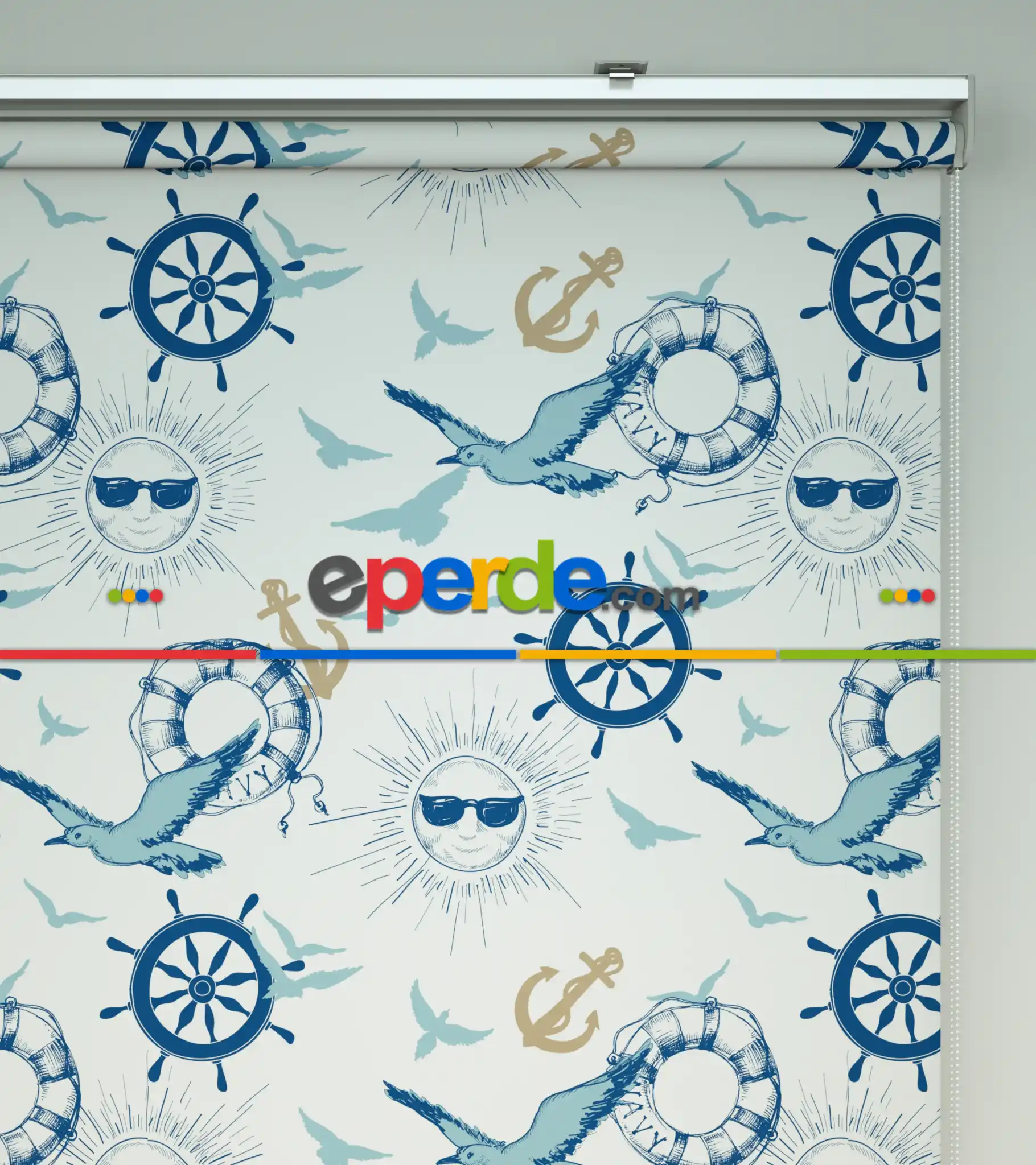 Denizci Desenli Baskılı Stor Perde- Çok Renkli