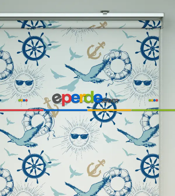 Denizci Desenli Baskılı Stor Perde- Çok Renkli