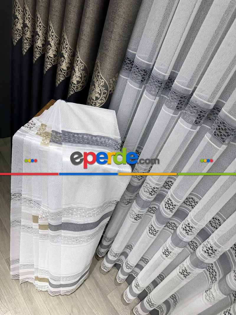 Salon - Aplik Örme Tül Perde Tek Kanat - Ekru / Gri